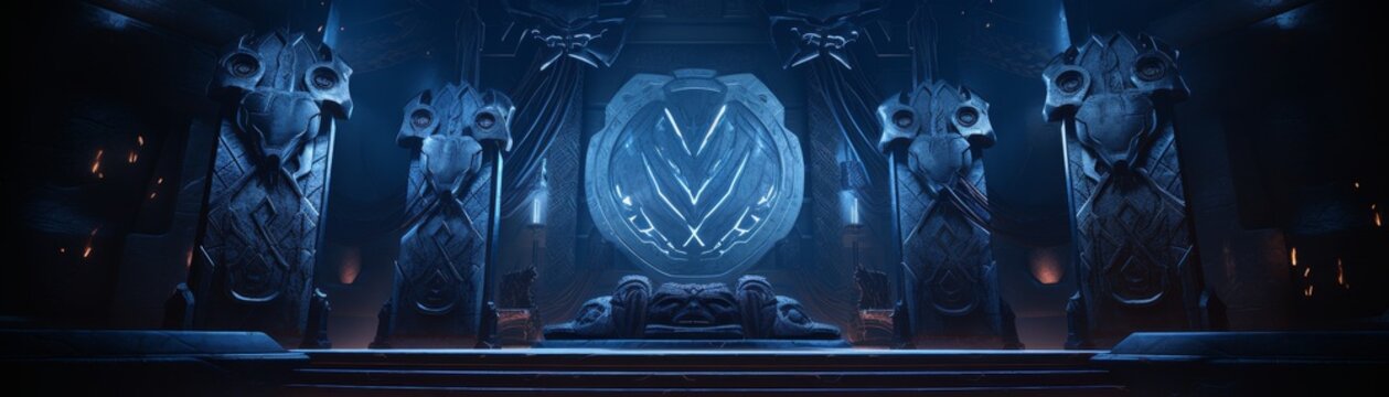 A Viking Saga themed night club stage in 3D, where the glow of forge-like lights and rune symbols cast a mystical Norse ambiance