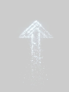 Glowing upward arrow made of digital particles and wireframe mesh. Vertical illustration of shiny sparkling arrow pointing up for business growth and technology concept