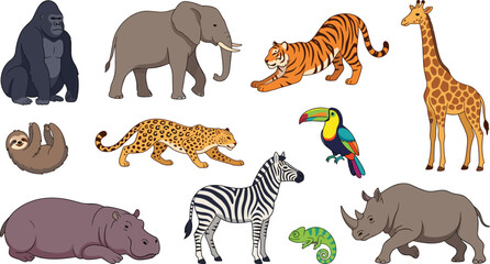 Fototapeta premium Wild Jungle and African Safari Animals Vector Set Featuring Elephants Tigers Giraffes Zebras and Rhinos for Children Education and Nature Conservation Graphic Designs