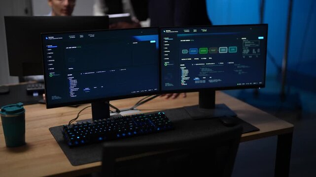 A tidy engineering workstation with a backlit keyboard holds two monitors of agent telemetry beside a coffee tumbler while the team works out of focus behind in a dark tech office.