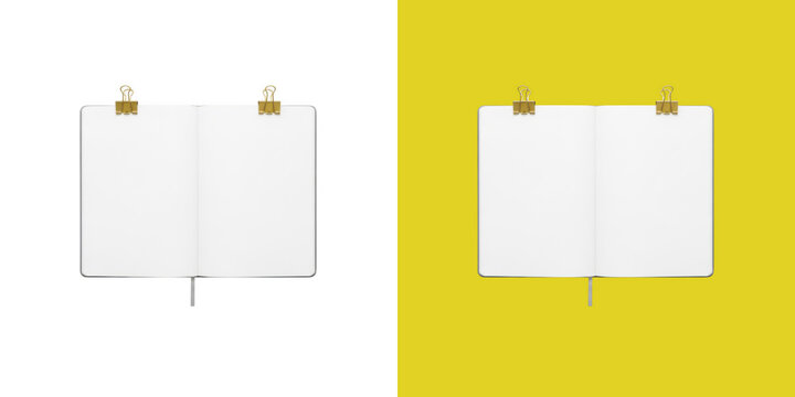 Open blank notebook with gold binder clips for professional office stationary branding