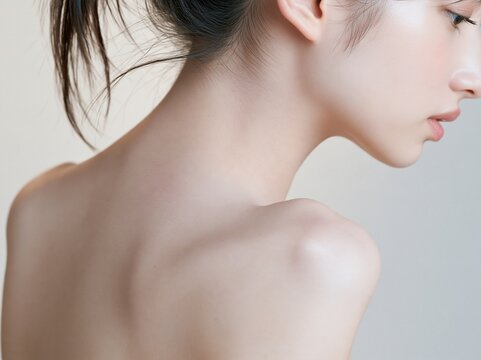 なめらかで美しい背中と首元のラインが際立つ女性の後ろ姿
