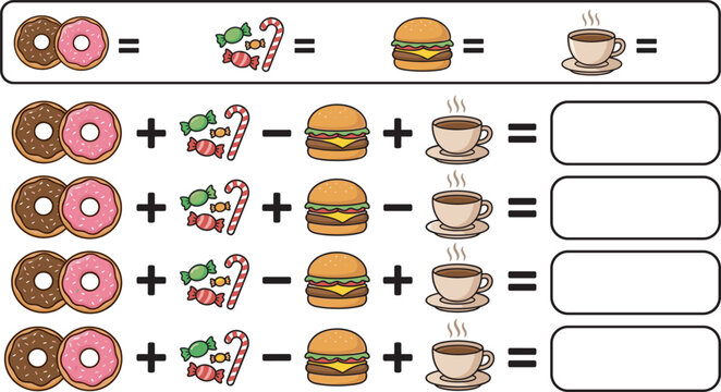Interactive Math Puzzle Worksheet Template for Kids Featuring Food and Sweet Icons with Addition and Subtraction Equations for Educational Activity Book Designs