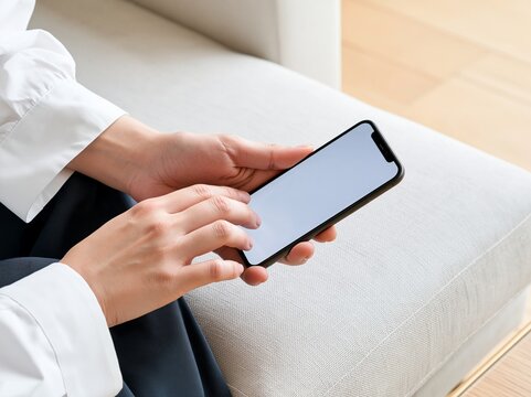 ソファに座ってリラックスしながらスマートフォンを横画面で操作する女性の手元