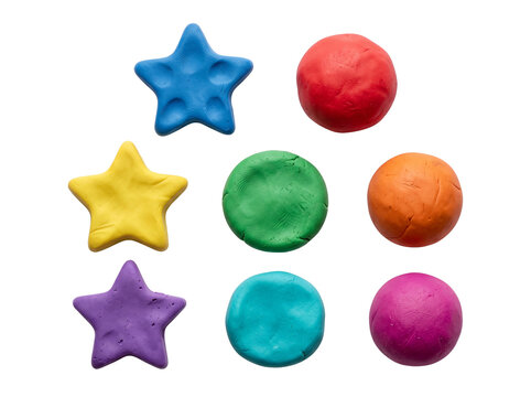 Colorful plasticine clay shapes isolated on black background, bright molded stars and round spheres set for children craft art projects, creative school learning and early education element set.