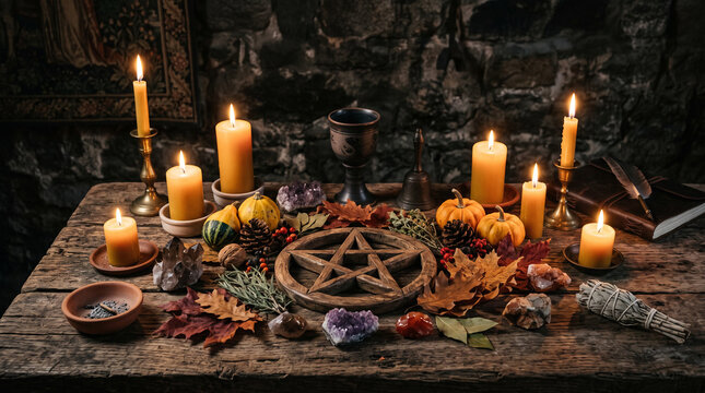 Pagan ritual altar with candles and wooden pentagram.