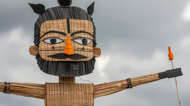 Eco-friendly Ravana effigy made from natural materials, with artisans working collaboratively under a green initiative banner during the Dussehra festival.