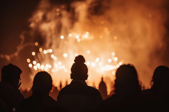 Moment of Ravana effigy burning with spectacular fireworks illuminating the night sky and a cheering crowd in silhouette during the Dussehra festival.