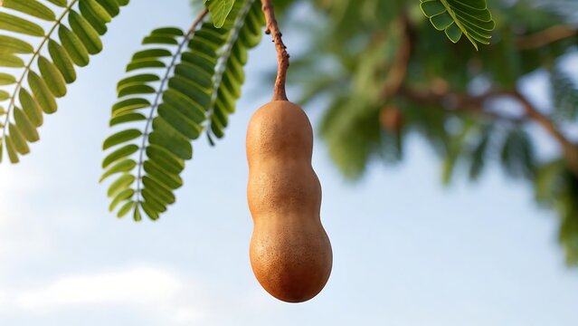 Fresh ripe tamarind fruit hanging on tree branch with green leaves against sky background outdoors
