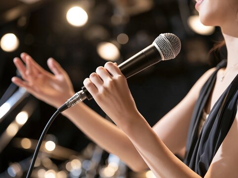 ステージでマイクを両手で握りしめ笑顔で歌を歌う女性の手元