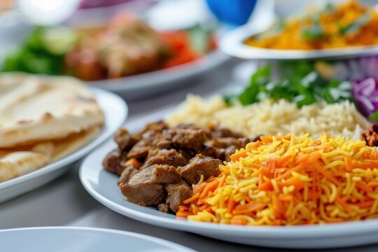 A traditional Islamic meal in a halal kitchen, focusing on religious dietary customs and halal food safety standards, illustrating halal compliance and religious food guidelines
