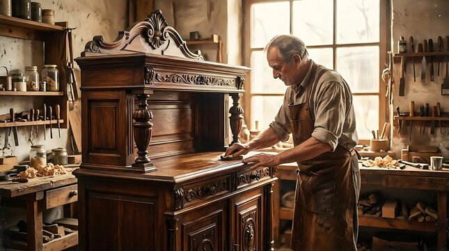 Senior carpenter restoring ornate antique wooden furniture in workshop.