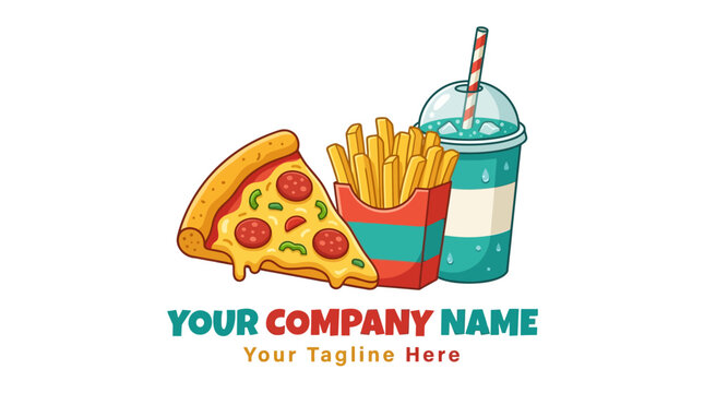Delicious Pizza Slice, French Fries, and Soda Drink - Fast Food Logo Concept