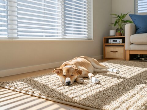窓からの暖かな日差しを浴びてラグの上で丸くなって眠るレトリバー犬