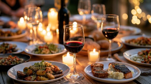 Festive holiday dinner table loaded with roasted vegetables mashed potatoes green salad and red wine by candlelight