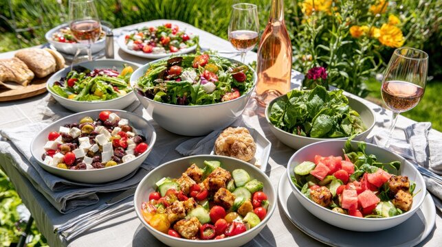 Red wine glass with grilled salmon mashed potatoes and multiple dinner plates at outdoor candlelit evening gathering