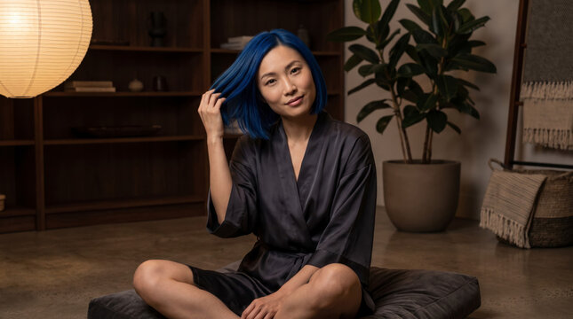 Confident woman touching hair while relaxing at home interior