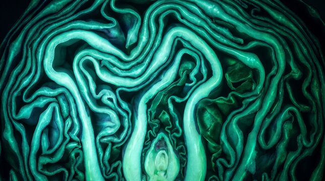 Macro Shot of Sliced Green Cabbage with Glowing Neon Teal and Green Organic Wave Patterns on Dark Background.