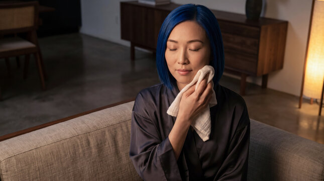 Peaceful woman cleansing face with cotton pad in cozy living room