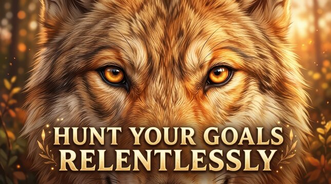 Intense wolf portrait with amber eyes, inspiring motivational quote 'Hunt Your Goals Relentlessly' in a forest setting