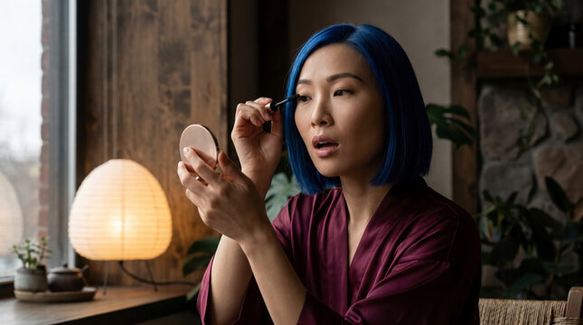 Focused woman applying mascara with compact mirror at home