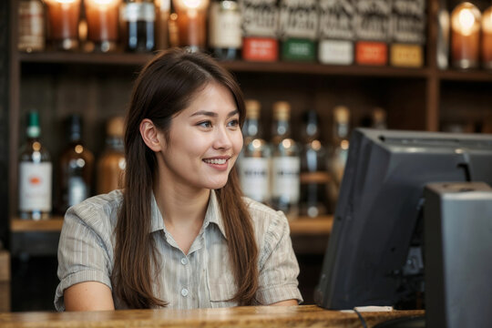 Happy Asian woman a bar worker in cash-register at bar in hotel