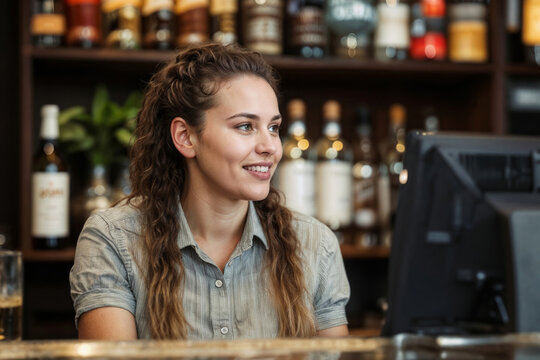 Young bartender woman smiles at bar counter. Beverages line shelves behind her. She wears casual, button-up shirt. Focused, she looks toward screen
