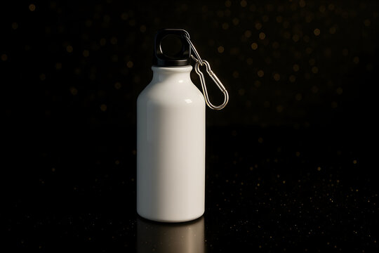 Blank White Reusable Water Bottle with Carabiner on Minimal Background