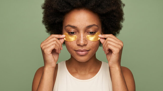 Focused young woman applying gold under eye patches to her face