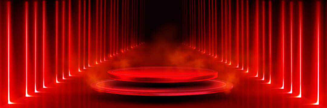 Glowing led tunnel with red laser lines, futuristic round podium. Vector illustration of neon light corridor with realistic perspective, platform for tech presentations, game graphic or casino banner