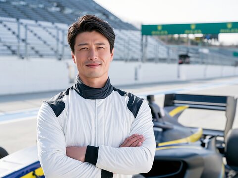 サーキットのピットロードで白いレーシングスーツを着用し腕組みするレーサー
