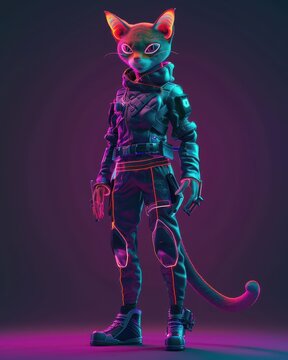 Hyper-realistic 3D wolf-human hybrid character for cyberpunk video game. Wolf features and humanoid physique. Design on simple backdrop for versatile gameplay and cutscene adaptation. Game designers.