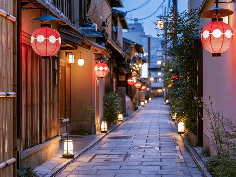赤い提灯と足元の灯籠が美しく通りを照らす夜のノスタルジックな街道