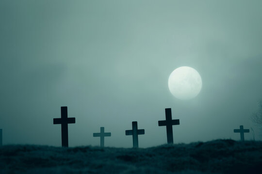 A dark and eerie Halloween night background featuring a cemetery or graveyard under a pitch-black sky Haunted and spooky burial ground, creating a horror scene perfect for Halloween day