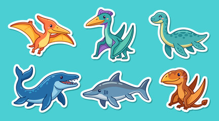 Cute dinosaur collection featuring various colorful prehistoric creatures in a flat vector illustration style for kids educational sticker design projects © Ibnu Gazali