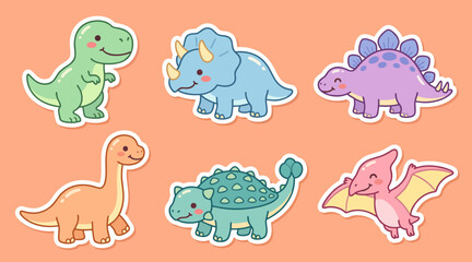 Cute dinosaur sticker collection featuring various prehistoric creatures in flat vector illustration style designed for children and playful graphic design projects © Ibnu Gazali