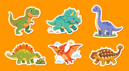 Vibrant vector illustration set featuring cute cartoon dinosaurs like tyrannosaurus triceratops and pterodactyl for children's educational projects and sticker designs © Ibnu Gazali