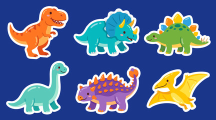 Colorful vector illustration featuring collection of friendly prehistoric dinosaur characters including t-rex triceratops and pterodactyl for kids nursery wall stickers © Ibnu Gazali