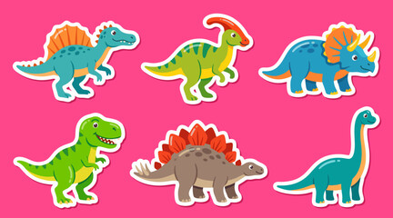 Colorful cute dinosaur vector graphic sticker collection featuring various prehistoric reptile species isolated on a vibrant bright solid pink background © Ibnu Gazali