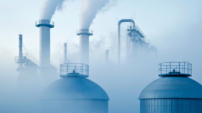 Chemical plant with large tanks and complex pipelines, emphasizing the emissions and potential pollutants released into the surrounding area, highlighting environmental and air quality concerns.