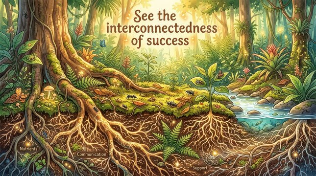 Interconnectedness of Ecosystem and Success: Lush Forest with Visible Roots, Stream, and Text