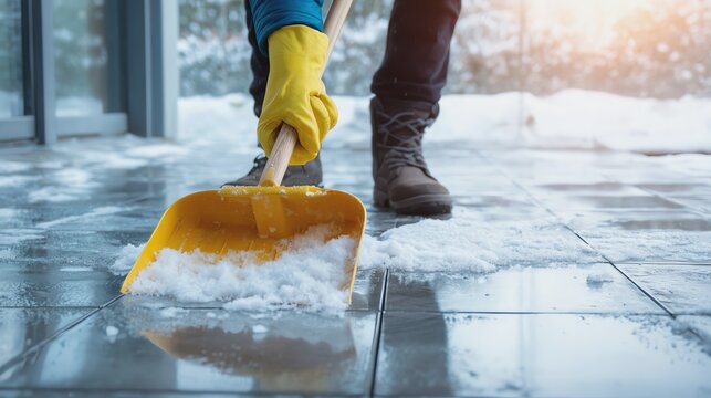 Person shoveling snow with yellow gloves.