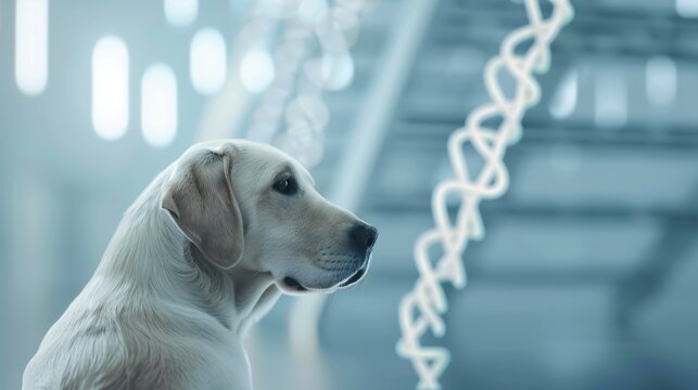 CRISPR gene editing for dogs showcased in a futuristic research facility, visualizing DNA manipulation with advanced biotechnology methods. Genetic modification and medical research breakthroughs.