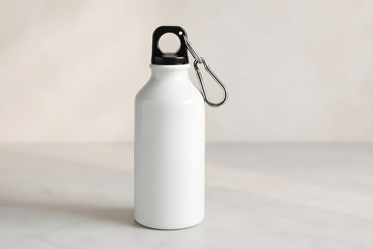 Blank White Reusable Water Bottle with Carabiner on Minimal Background
