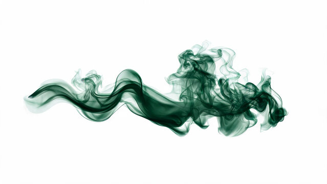 Dark green translucent smoke flows in curving, dynamic shapes against a plain white isolated background, forming an abstract artistic visual element.