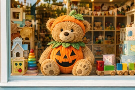 Cute plush teddy bear dressed as a pumpkin for Halloween, displayed in a cozy toy shop window with colorful wooden toys, gifts, and autumn decorations.