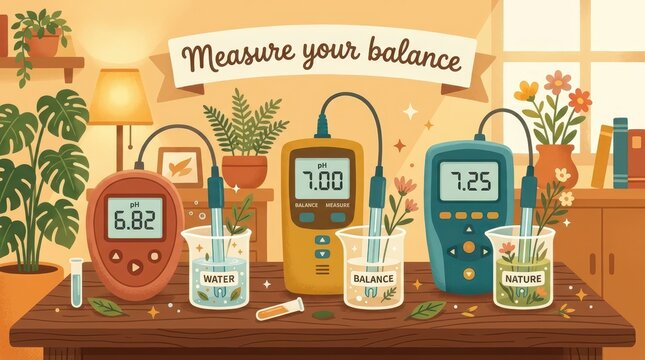 Laboratory equipment for measuring pH balance in water, soil, and nature, illustrated for science and education