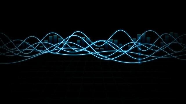 Dynamic Blue Sound Waves and Data Visualization on Dark Background