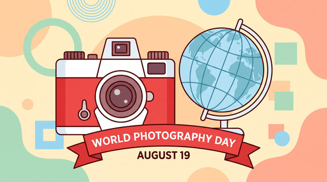 Vintage camera and globe illustration for Photography Day.