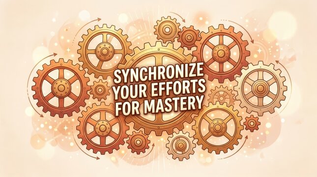 Interlocking gears forming a mechanism with inspirational text 'SYNCHRONIZE YOUR EFFORTS FOR MASTERY' suggesting teamwork and success.